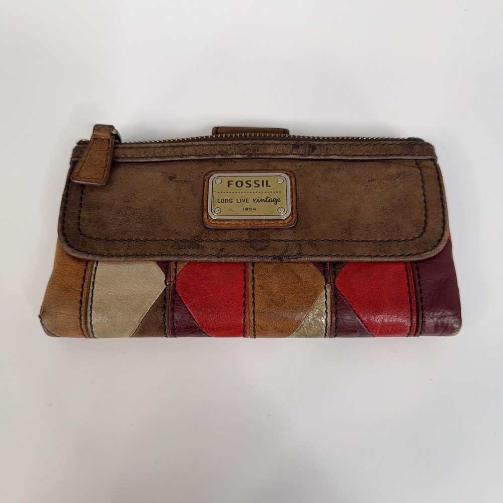 Fossil Wallet Womens Brown Leather Cowhide Patchwork Clutch Long Live Vintage - Picture 2 of 10